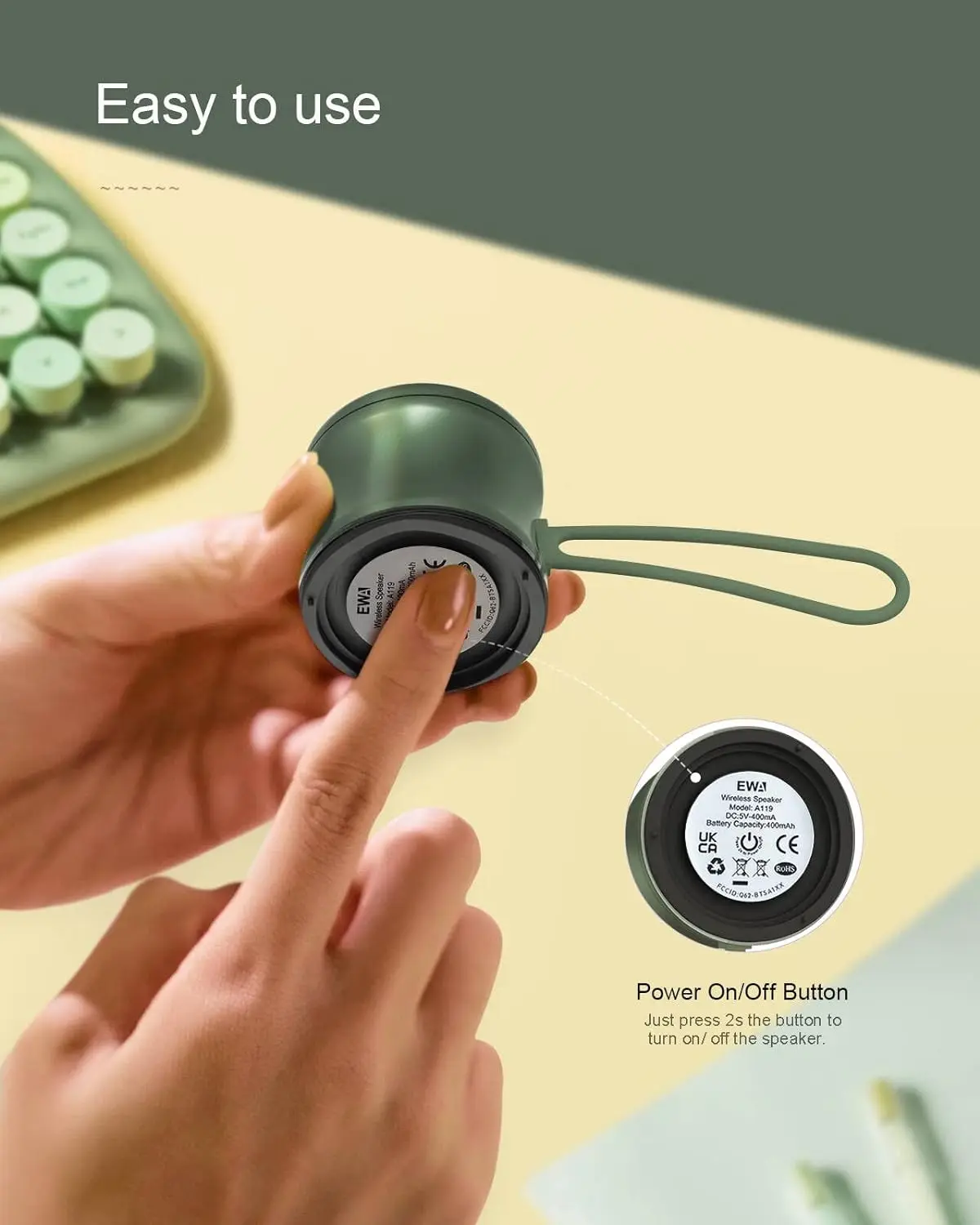 Mini Bluetooth Speaker with Lanyard, EWA A119 Tiny Powerful Cute Metal Wireless Portable Small Speaker with IPX7 Waterproof