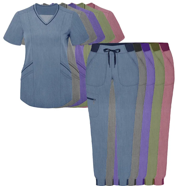 New Style Plus Size Two Piece Polyester Set Summer Scrub Joggers Stretch Women Medical Scrubs Uniforms