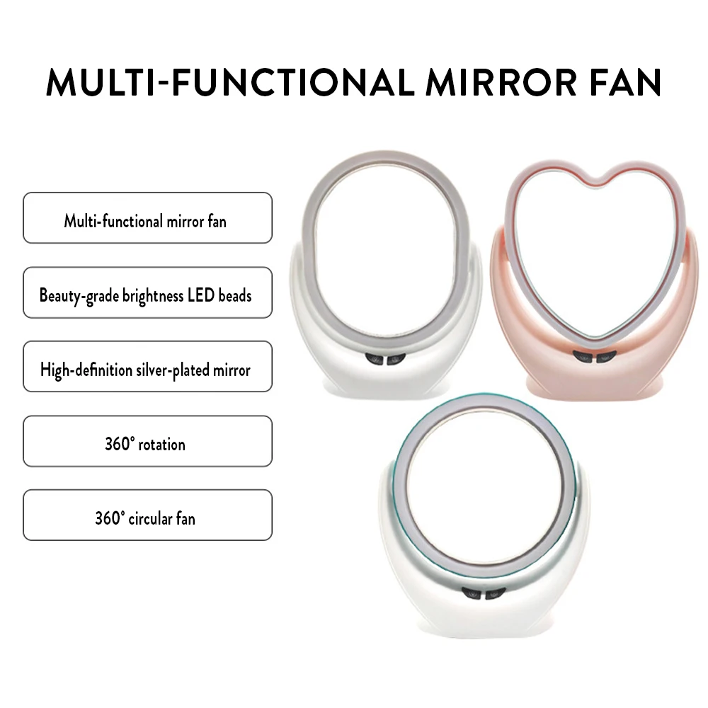Desktop Portable USB Mini Table Fan with LED Vanity Mirror Household Use Rotatable Beauty Multi-Function Mirror Fan Dormitory