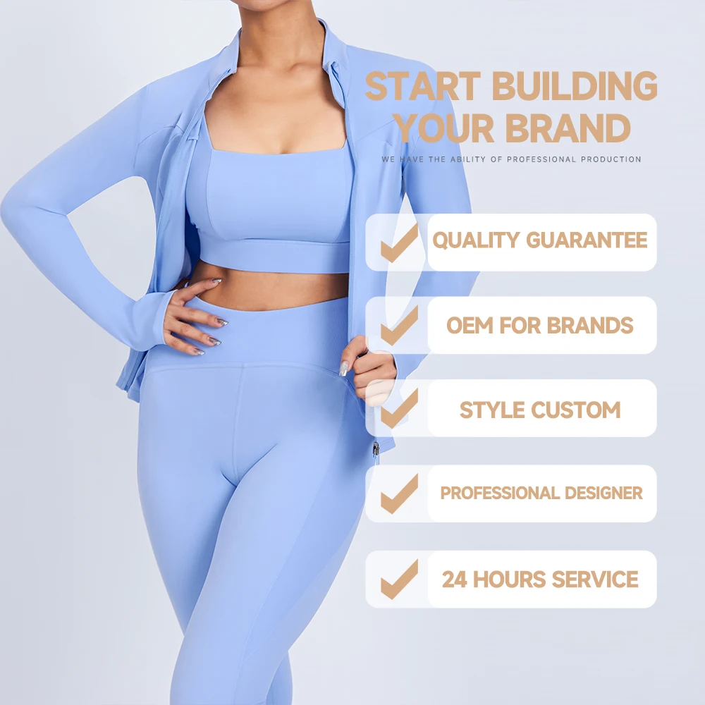 Custom new women fitness Yoga top front full zip jacket with pockets long sleeve slim fit top