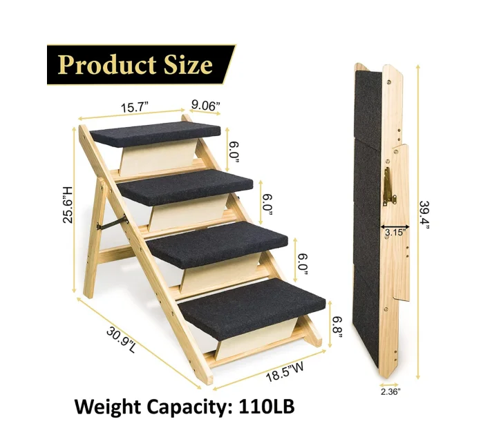 Wooden Dog Ramp with 4 Steps, Foldable Dog Stairs for High Beds Cars Couch, Durable