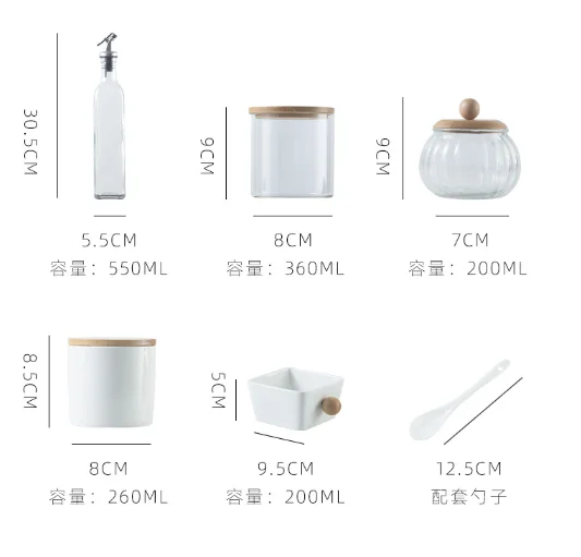 Kitchen Storage Seasoning Box Set Ceramic Salt Sugar Glass Oil Vinegar Bottles Pepper Spice Jars Sets With Stand