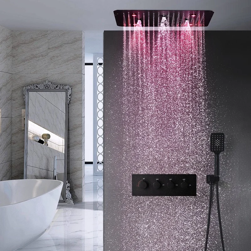 Thermostatic 20 inch Matte Black Shower Set Stainless Steel Bathroom Ceiling Lights Rain Mist Spray Led Shower Faucet