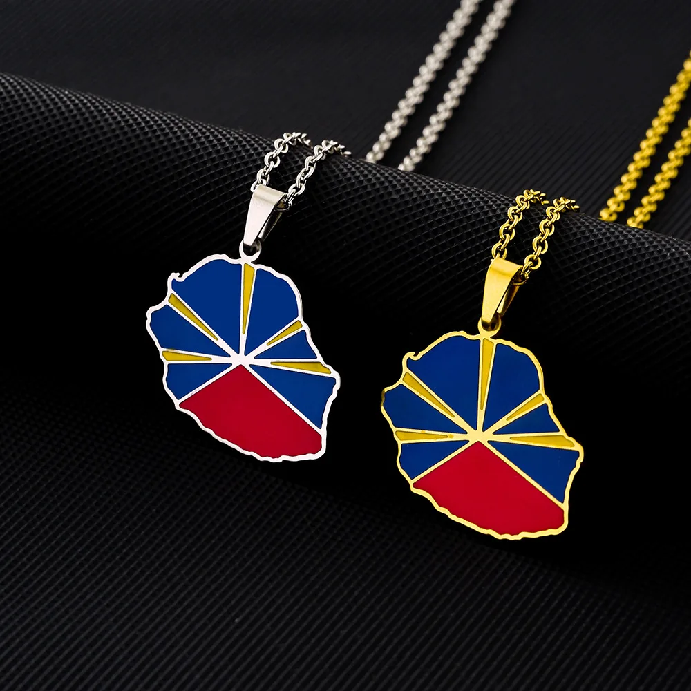 La Réunion Map Chain Necklaces Stainless Steel Silver 18K Gold Plated La Reunion Island National Flag Pendant Necklace