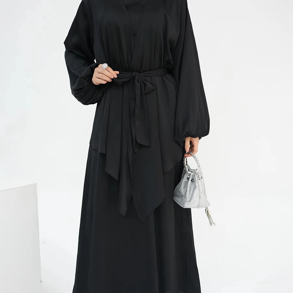 2024 Latest Islamic Muslim Women Dress Inner Slip dress 2 Piece Abaya Set Solid Color Satin Modest Muslim Women Dress