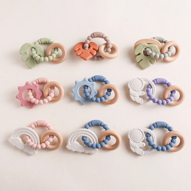 Baby DIY Silicone Beads Bracelet with Multiple Colors Soft Pacifier Chain and Leaf-Shaped Flower Teething Features PC Plastic