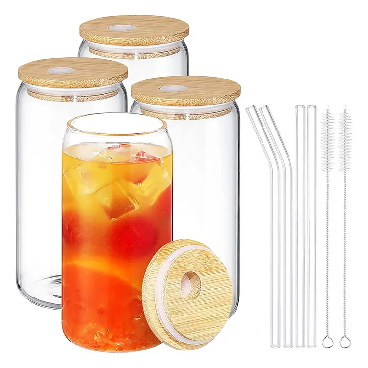 16oz 16 oz sublimation blank beer can shaped clear glass tumbler cup with bamboo lid and straw