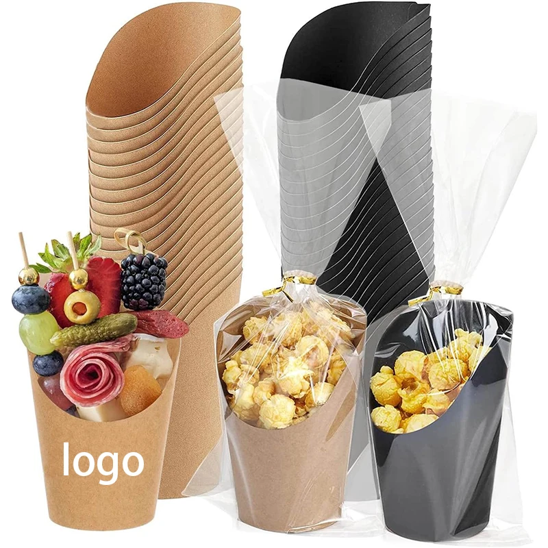 12 14 oz Disposable Charcuterie Cups with Cocktail Picks, Disposable Brown Paper Appetizer Cups With Clear Plastic Bags