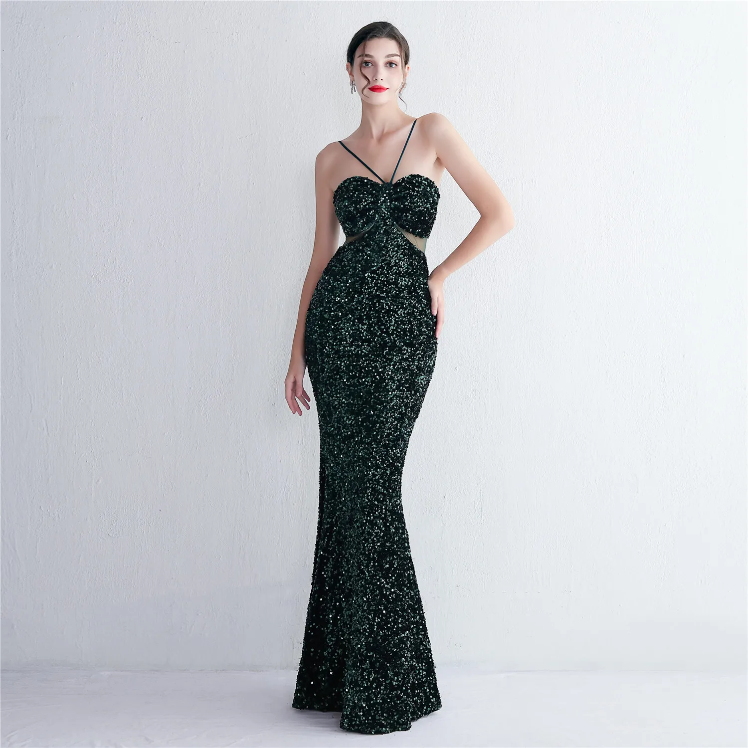 Velvet bottom bead Elegant women sequin long mermaid formaldress Evening Dress Women Party Dress Long Wear Sequin