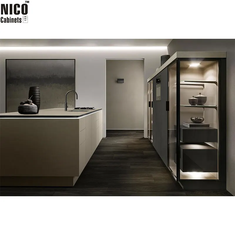 NICOCABINET Luxury Artisanal Craftsmanship Chic Glass Detailing Ambient Lighting Custom Kitchen Cabinets