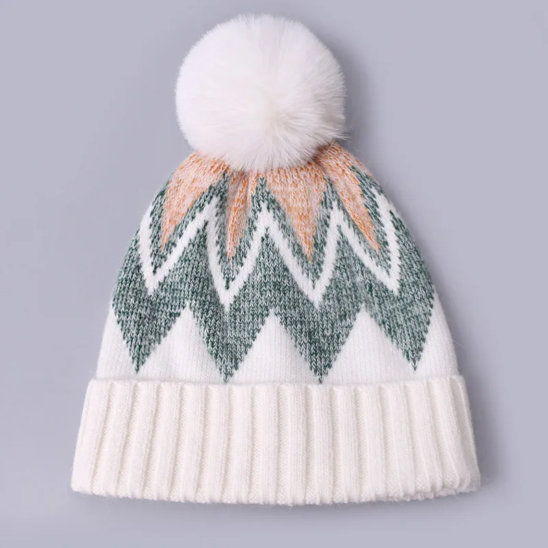 Winter Women Mixed Color Cuff Beanie Faux Fur Pompon Cute Knitted Stripe Patterned Wool Ski Cap Warm Custom Beanie Hat