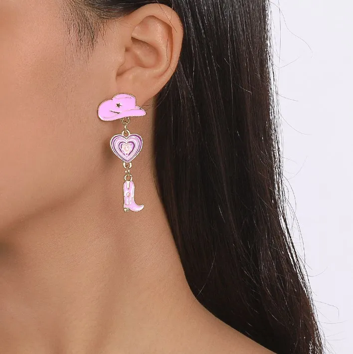 Fashion Hat Love Cowboy Boots Oil Dripping Multi Layer Modern Earrings Jewelry For Girl Women