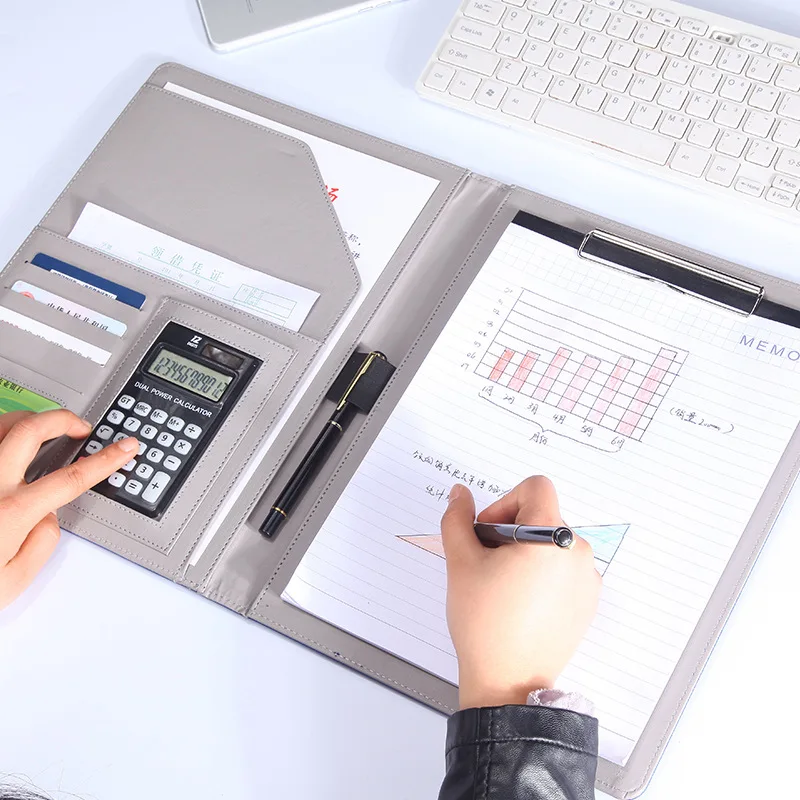 
A4 PU genuine leather pad portfolio Organizer with Organizer with Calculator Notebook contract Paper Pen Clipboard file Folder 