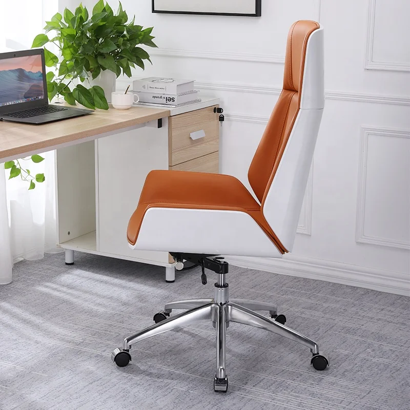 Fashionable high back white piano shell orange leather swivel office recline wheel chair