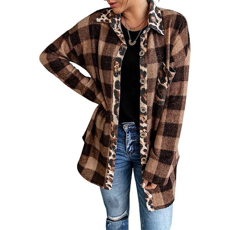 Women Long Sleeve Flannel Button Down Plaid Shacket Jacket Hooded Coat