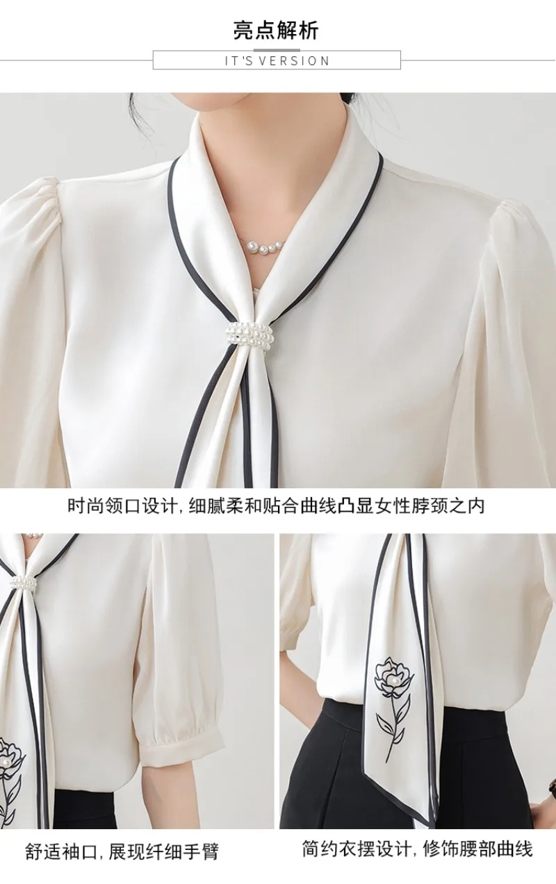 Short-sleeved Bow Neck Satin Shirt Top Casual Loose Blouse with Beading Flower Femme Blusa 8977#