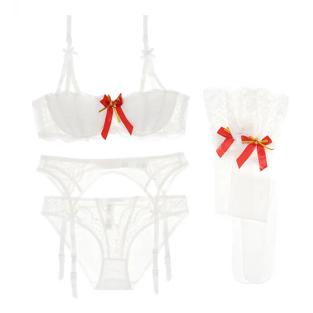 Christmas Underwear Ladies Christmas Red Half Cup Bra Set Native life Red dress up 4 pieces set