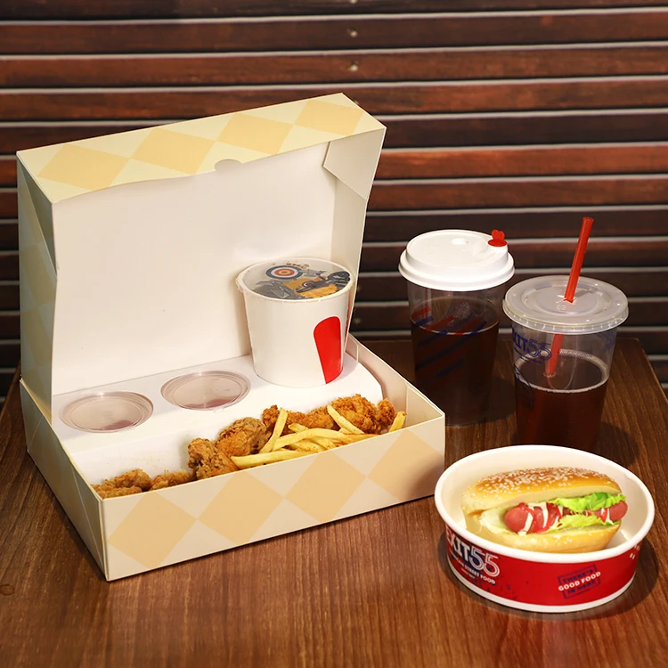 LOKYO custom logo takeaway to go fried chicken snack box food paper carrier box with tray
