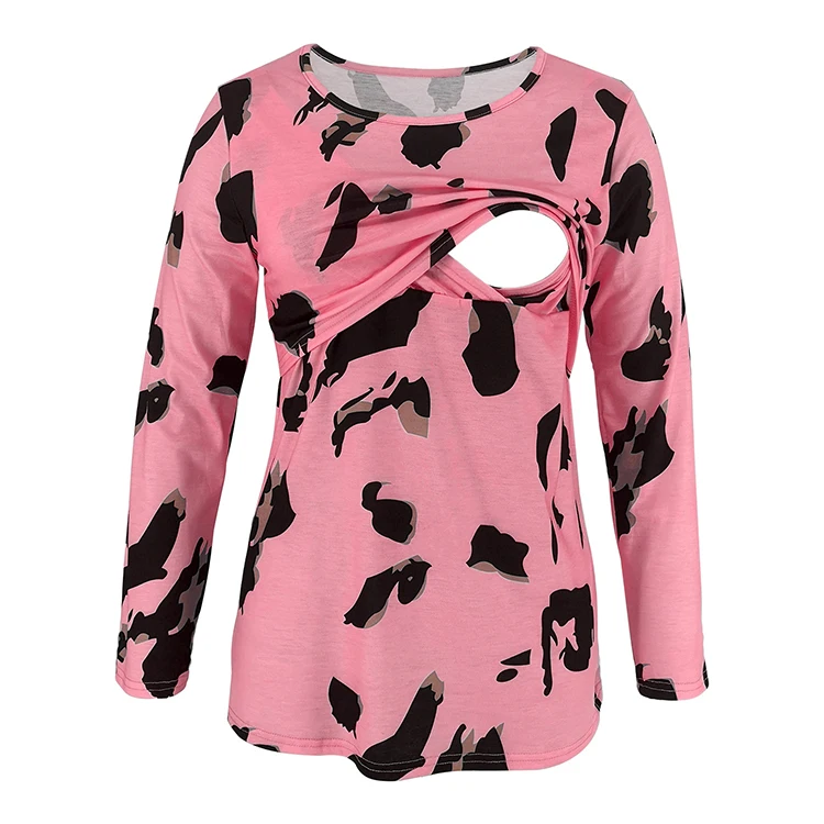 Womens round neck long Sleeve floral leopard print Layered Maternity clothes Breastfeeding tee shirt Nursing Tunic Tops