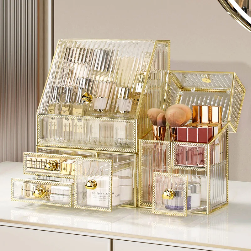 Luxury Transparent Acrylic Makeup Organizer Dust-proof Lipstick Holder Jewelry Make up Case Desktop Cosmetic Storage Box Set