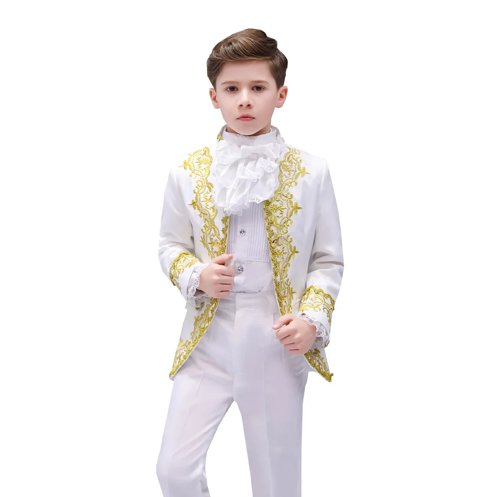 Black Red and White Fashion Retro Court Children Boys Suits Three Piece Embroidery Performance Prince Charming Cosplay Kids Suit