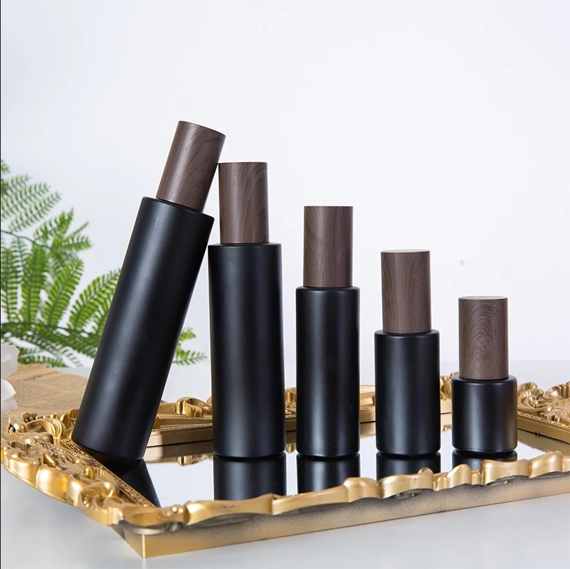 Empty Bottle Glass Frosted Black False Wood Lid Cosmetic Lotion Spray Pump Portable Refillable Container Glass Bottles