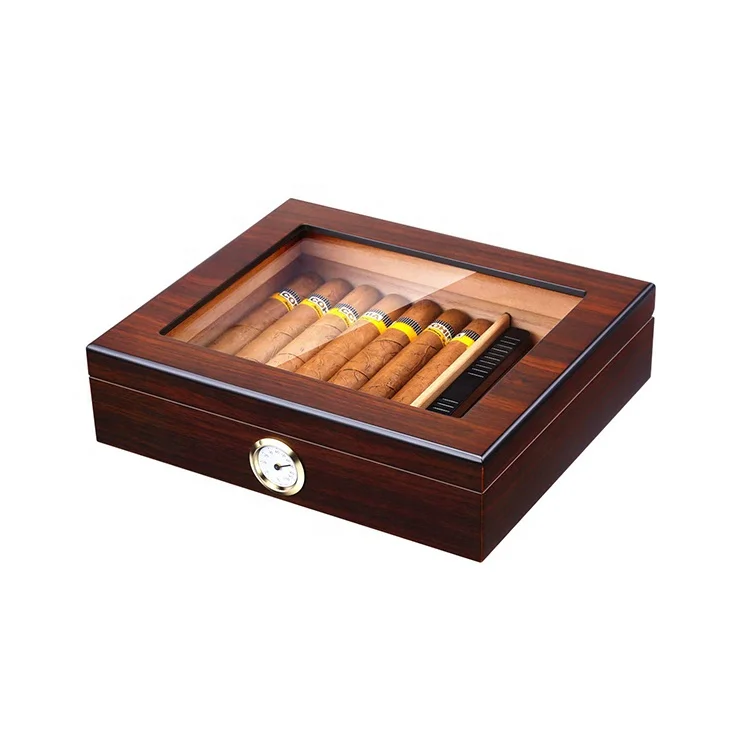 Handmade portable desktop glass top cedar wood cigar humidor box with humidifier and hygrometer for 25 cigars