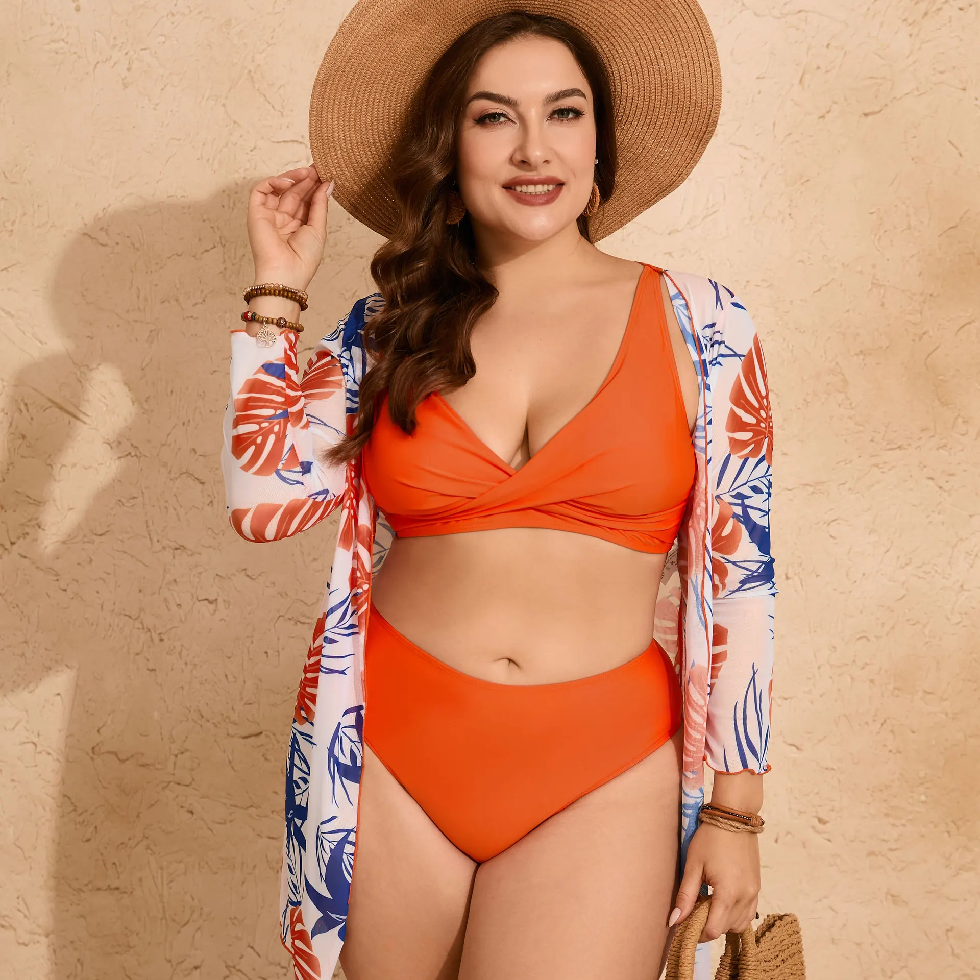 3 piece set plus size beach wear for women swimsuit with cover up bikini set