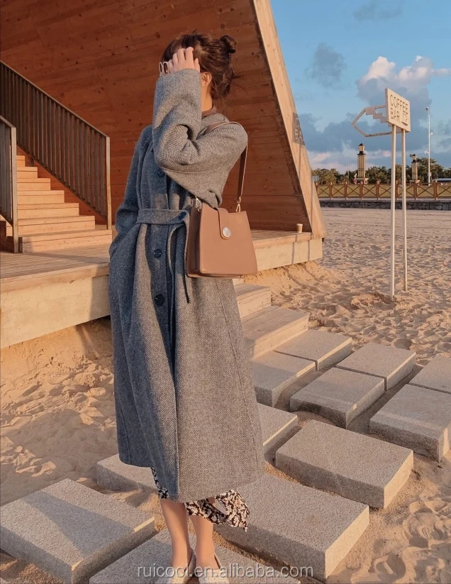 Peter pan collar wool coat with raglan sleeves in grey, herringbone pattern fabric