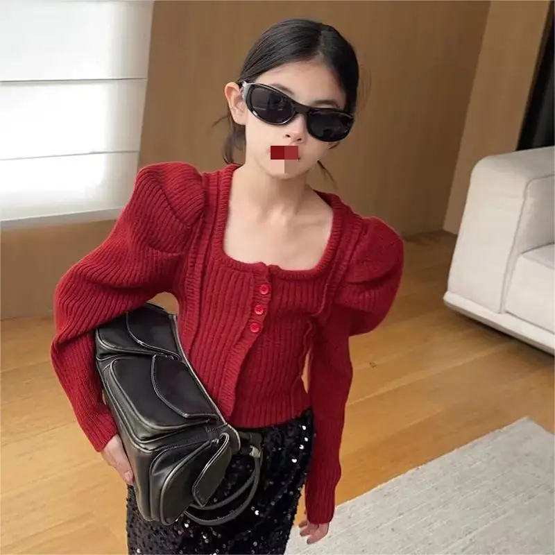2024 Children Girl Red Puff Sleeved Cardigan Sweater 5-15 Years