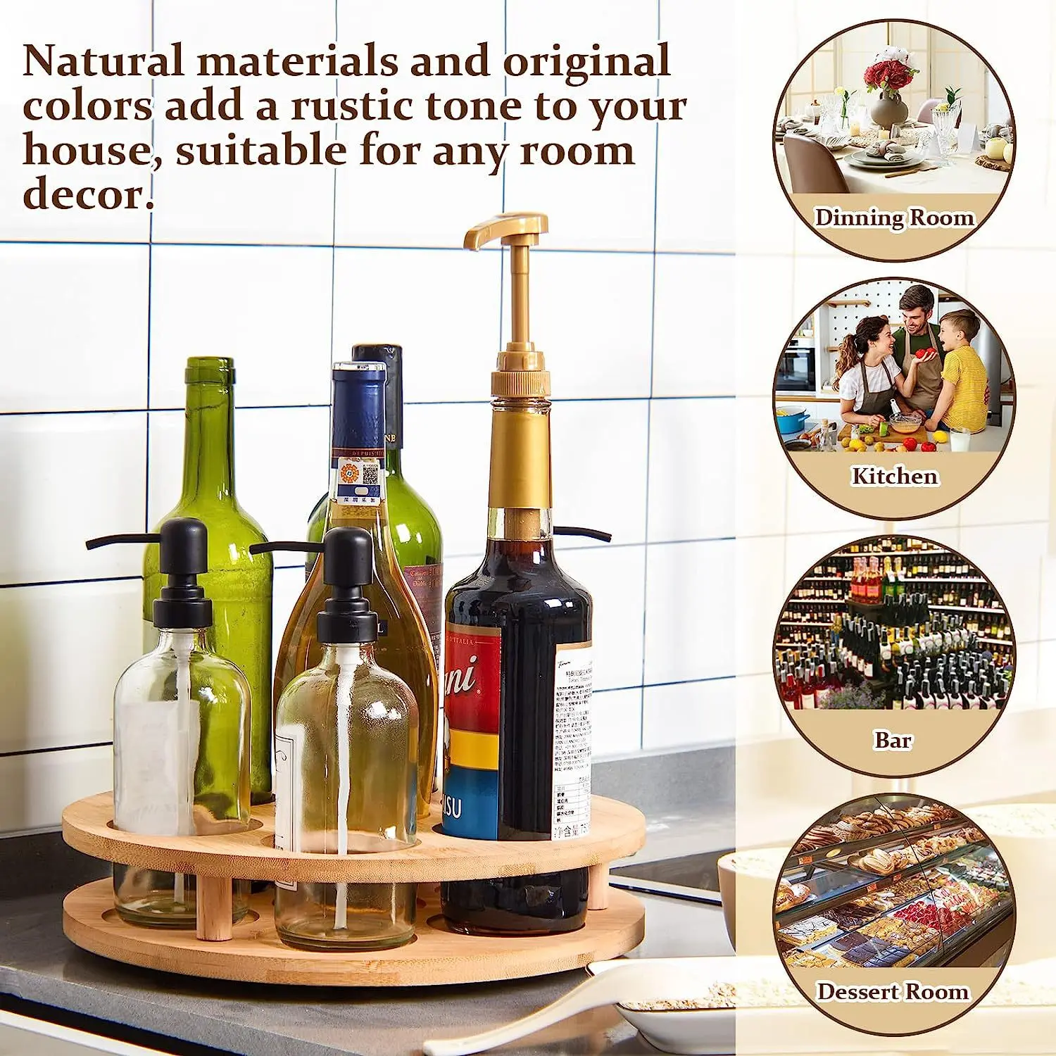 Bamboo Rotating Spice Rack Countertop 7 Bottles Organizer Holder Bamboo Lazy Susan Rack Organizer Shelf for Kitchen Spice Holder