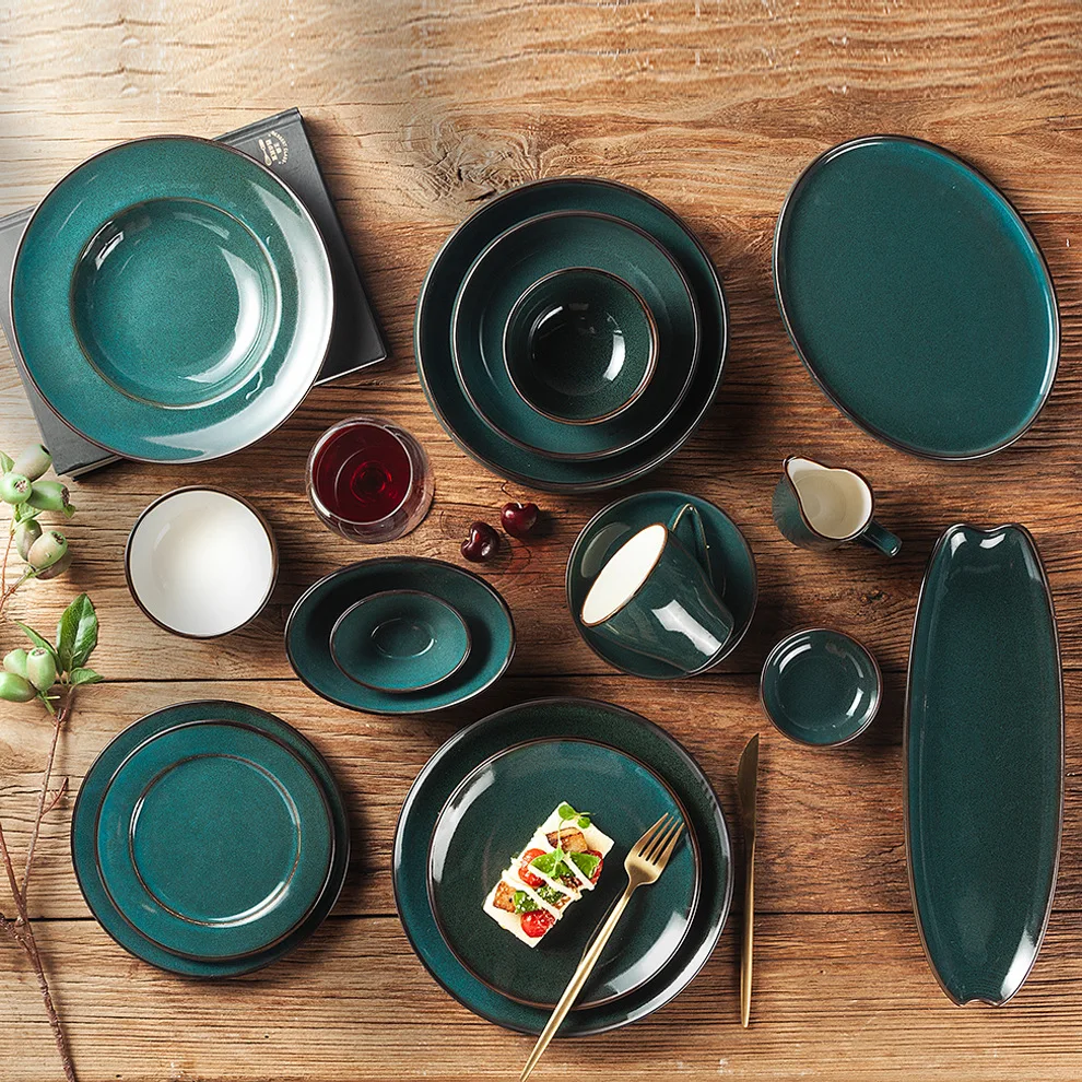 ins nordic style dark green vintage round oval acme dinnerware custom ceramic plate aesthetic