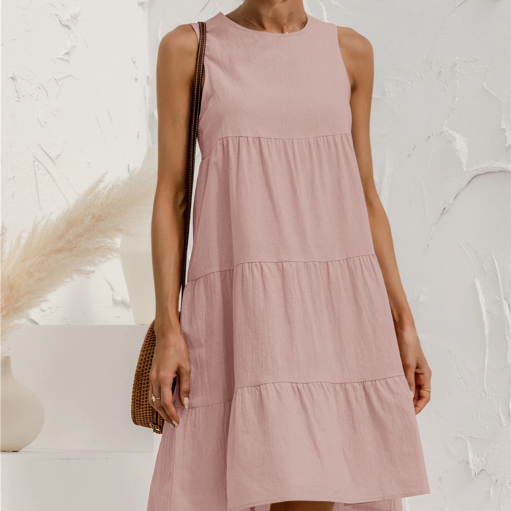 Solid colour popular style sleeveless multi-layered ruffled A line hem swing dress