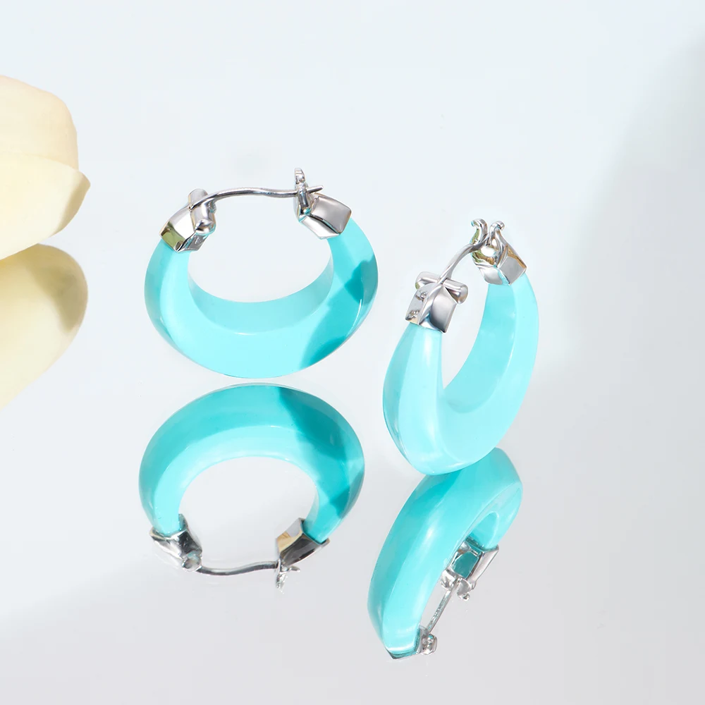 ChinChin Chunky Vintage Style Earrings Hoop Bezel Jewelry Brass 18k Gold Plated Turquoise Hoop Earrings