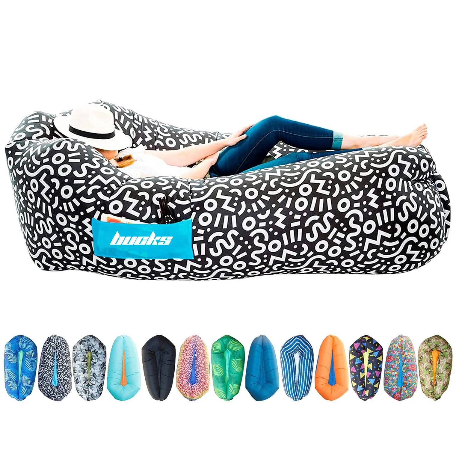 Fast inflation pillow air lounger, outdoor portable inflatable lounger air sofa, beach inflatable sleeping bag
