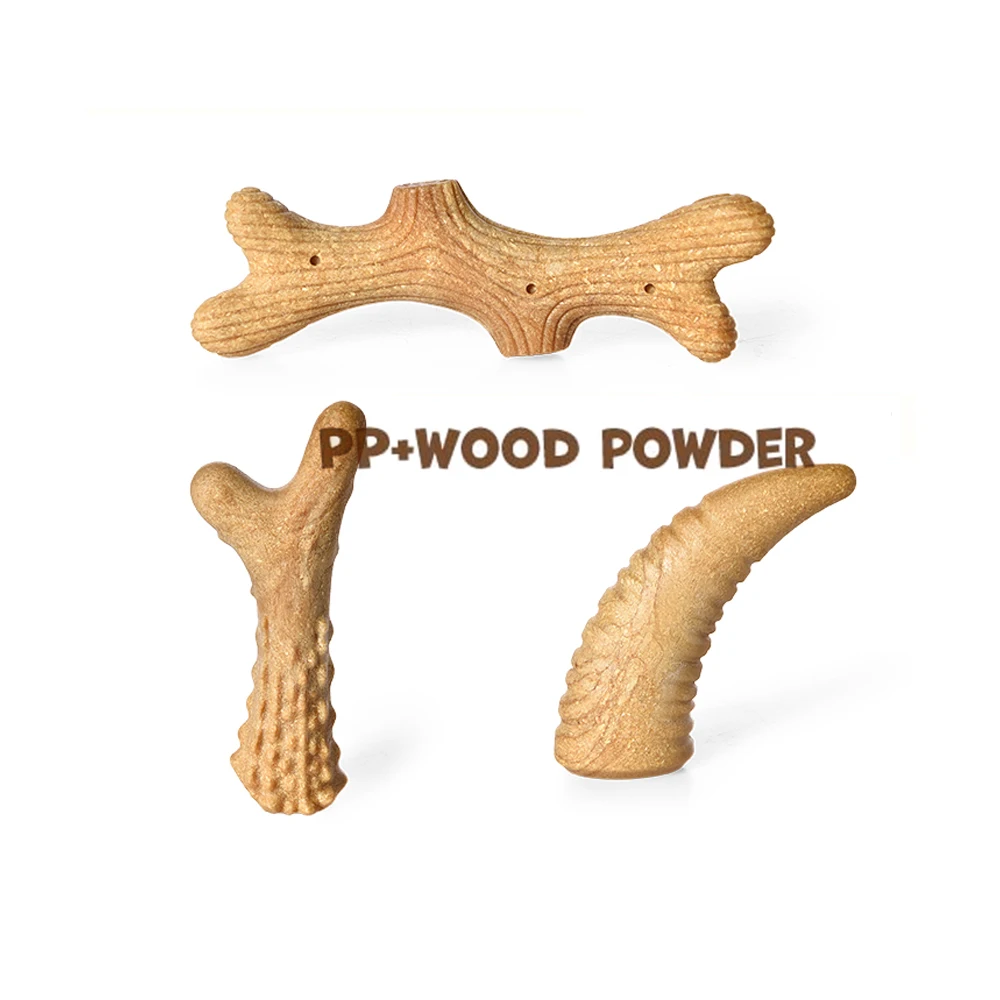 Hot selling Dog Chew Toys Tough Durable PP Wood Powder Pet Dog Teeth Cleaning Toys cow horn antler Shape Dog Toy