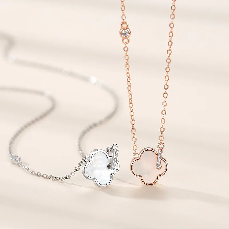 Fashion Cherry Blossom Pink Crystal silver Lucky van Clover chain Women Gold-plated Light Luxury Simple Collar Chain for girls
