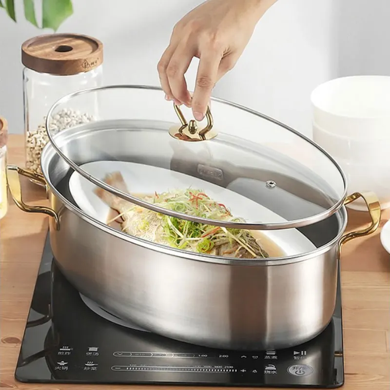 Stainless Steel Fish Steamer Oval Roasting Cookware Thickened Steamed Fish Pot Glass Lid Steaming Pot Cookware