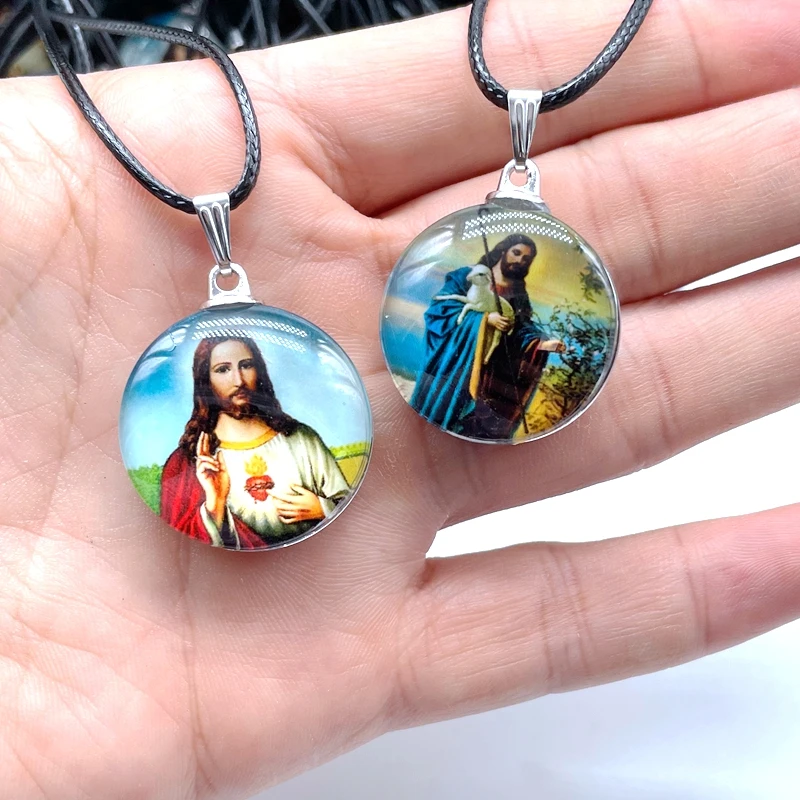 New Charm Glass Round Pendant Jesus Photo Catholic Maria Figure Jewelry Colorful Pattern Necklace 25 mm Crystal Gift