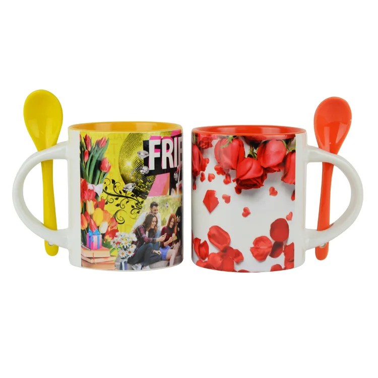 Wholesale 11oz Sublimation Blank Inner Color White Coffee Mug With Spoon
