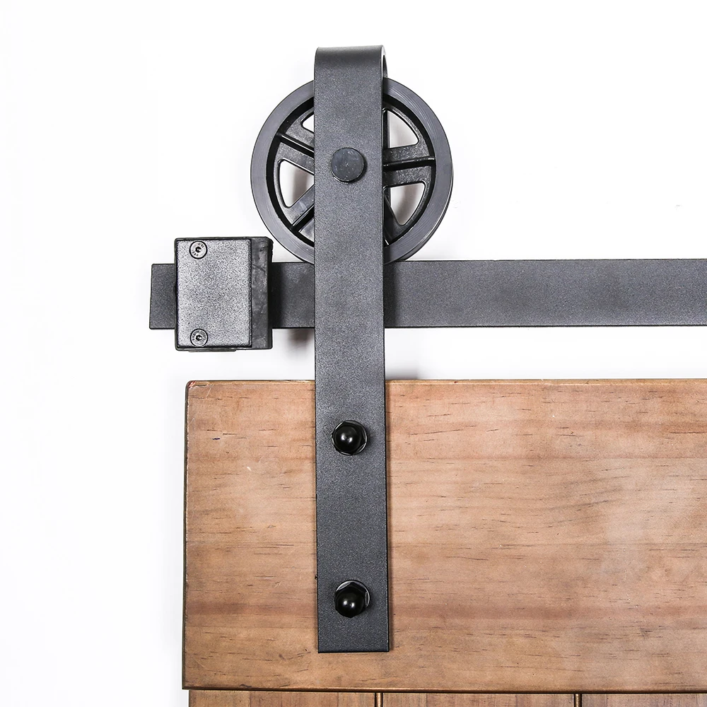 Modern Style Full Size Big Roll Wheel Black Carbon Steel Sliding Barn Door Hardware Kits For Interior Single Wooden Door