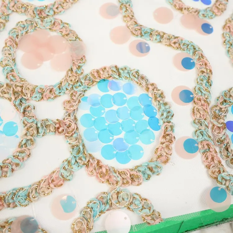 fancy tulle with big circle sequin lace with twist tape embroidery 3d large spagle swing fabric for party dresses