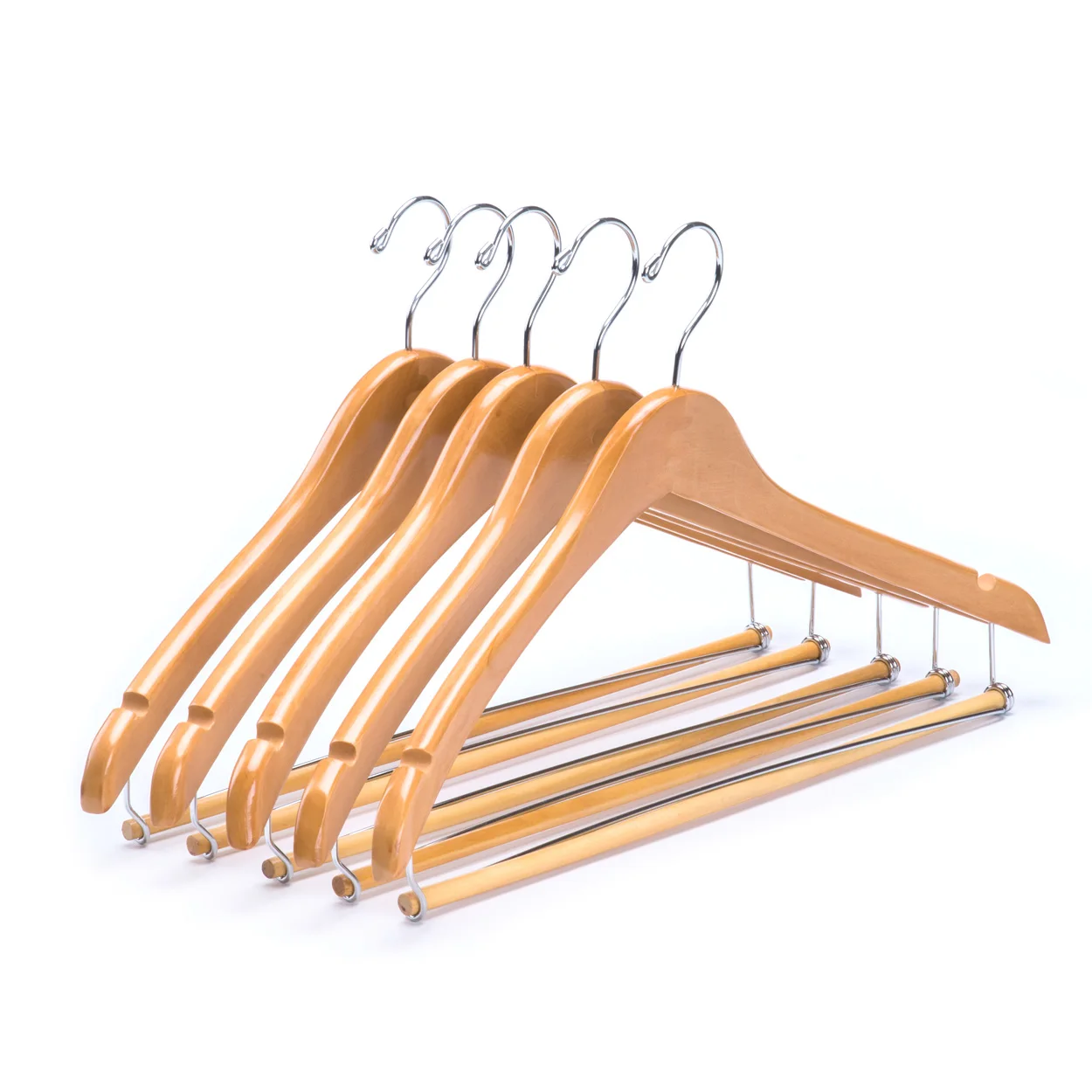 Wholesale Curved Natural Wooden Hangers Suit Coat with Locking Bar Chrome Hooks China Factory Price
