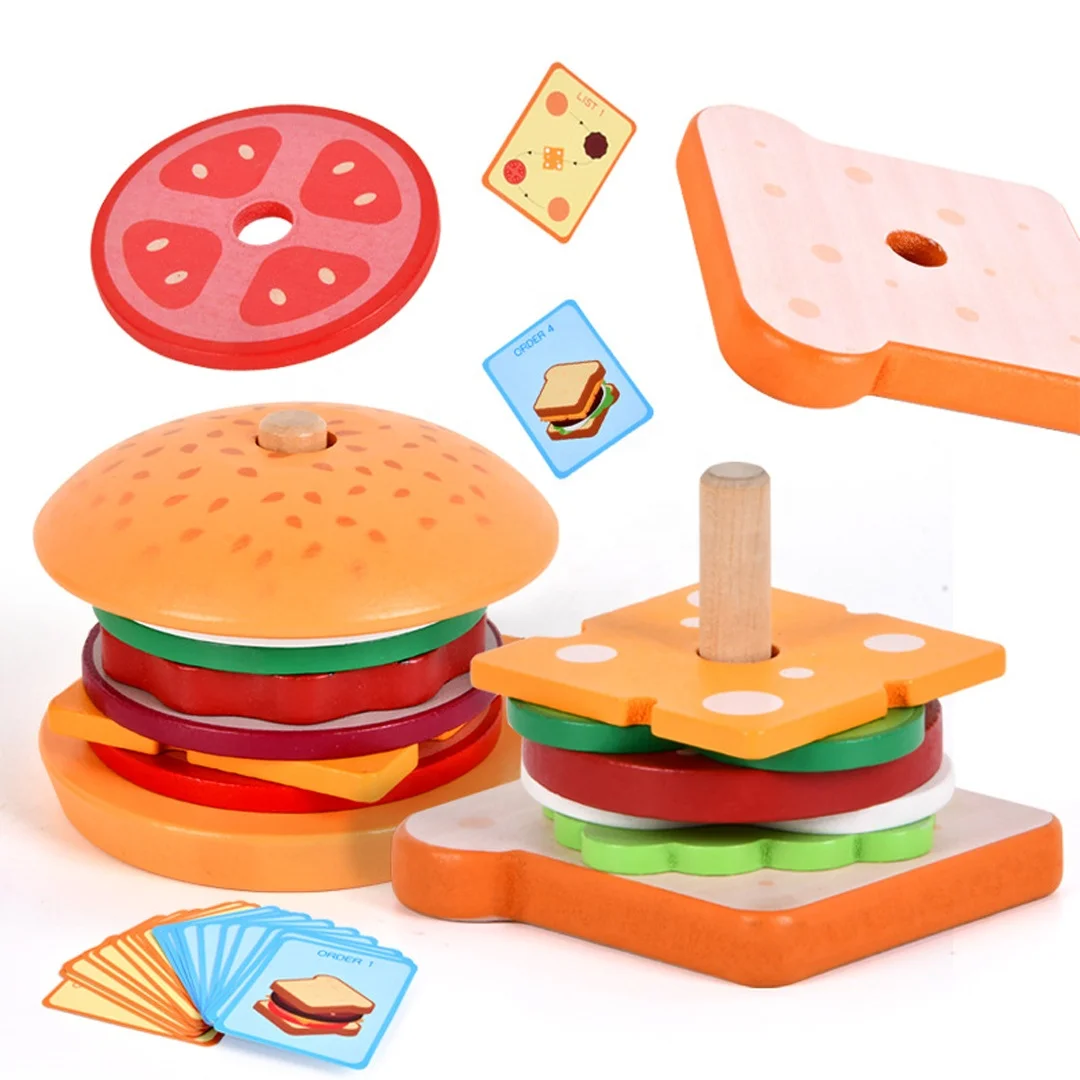 Kids Wooden Food Set Hamburger Sandwich Pretend Play Kitchen Toys Stacking Toys Cooking Game For Children