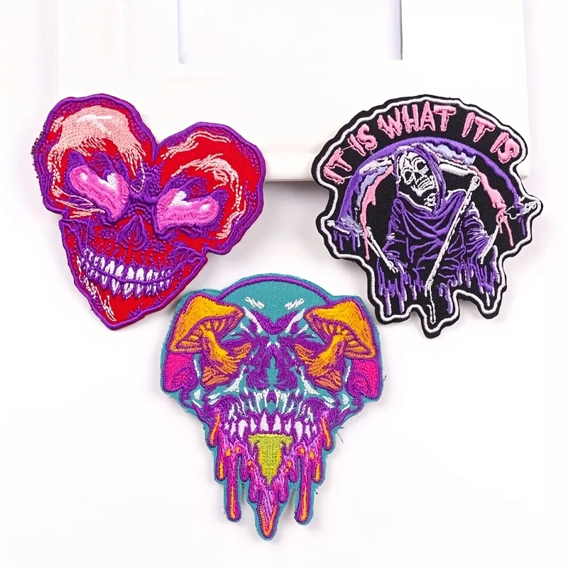 ECO 3pcs Cartoon Stickers DIY Clothes Badges Thermo Adhesive Colorful Skull Embroidered Patches for Clothing