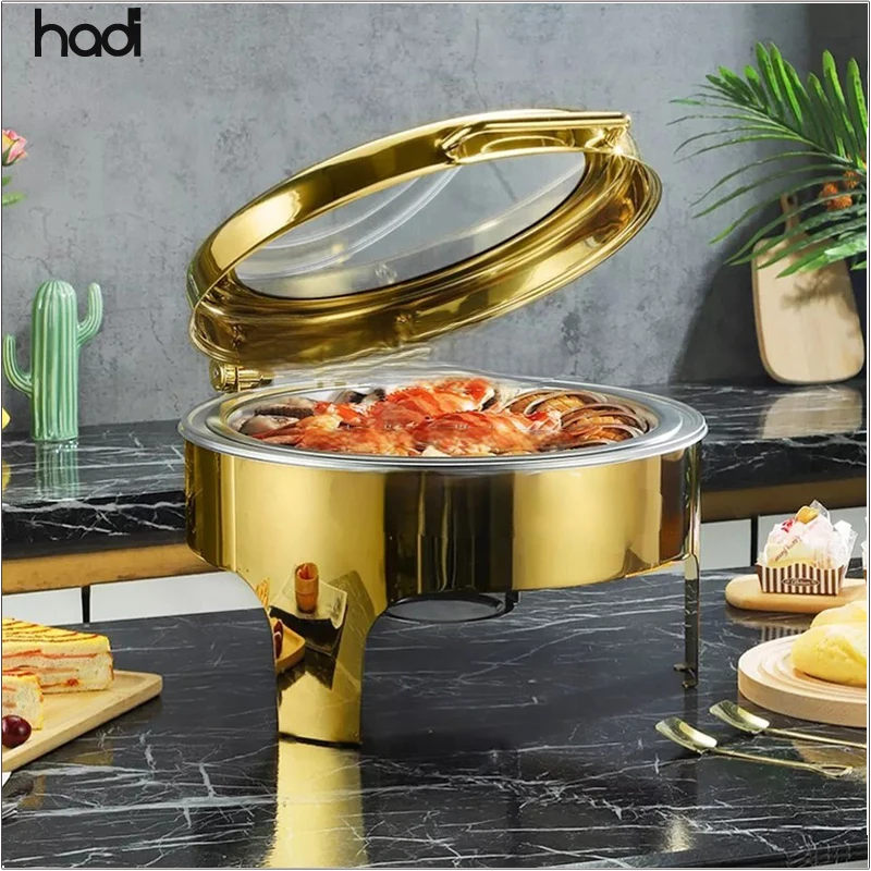 Hotel Restaurant New Style 9-Litre Stainless Steel Buffet Chafing Dish in Gold Electric Fuel With Glass 9L Capacity
