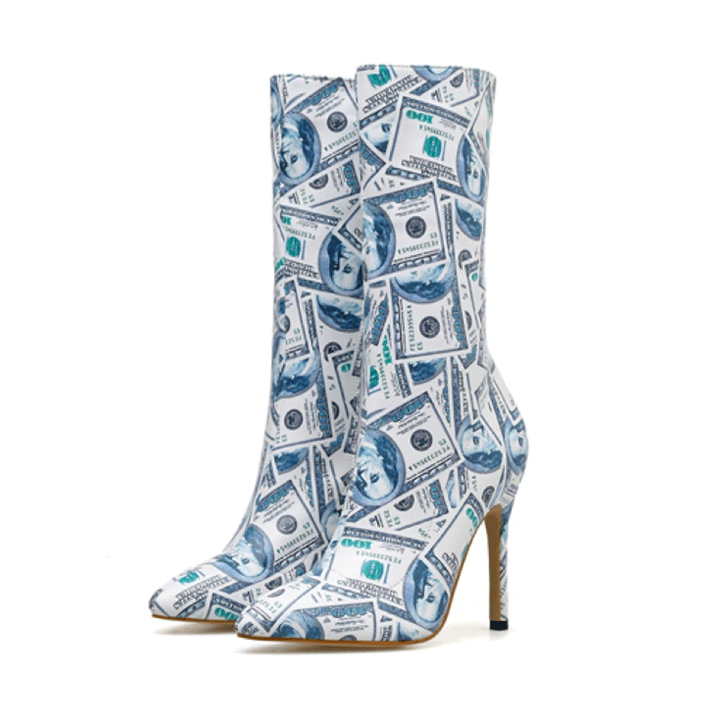 Ботильоны женские на высоком каблуке пикантные модные полусапожки молнии сбоку с принтом денежных купюр заостренный носок осень/зиму