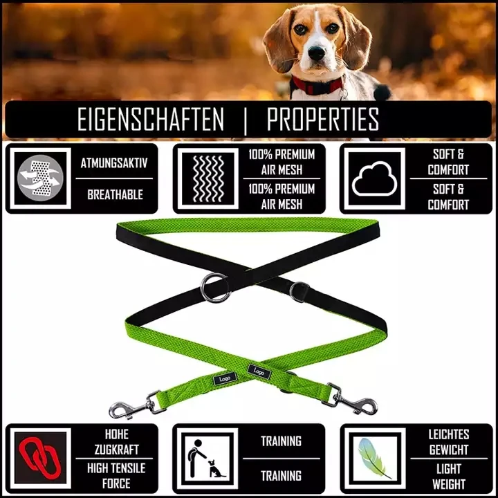 Custom Multifunction colored reflective Mesh Neoprene padded Pet lead Double hook Dog leashes for Training Running