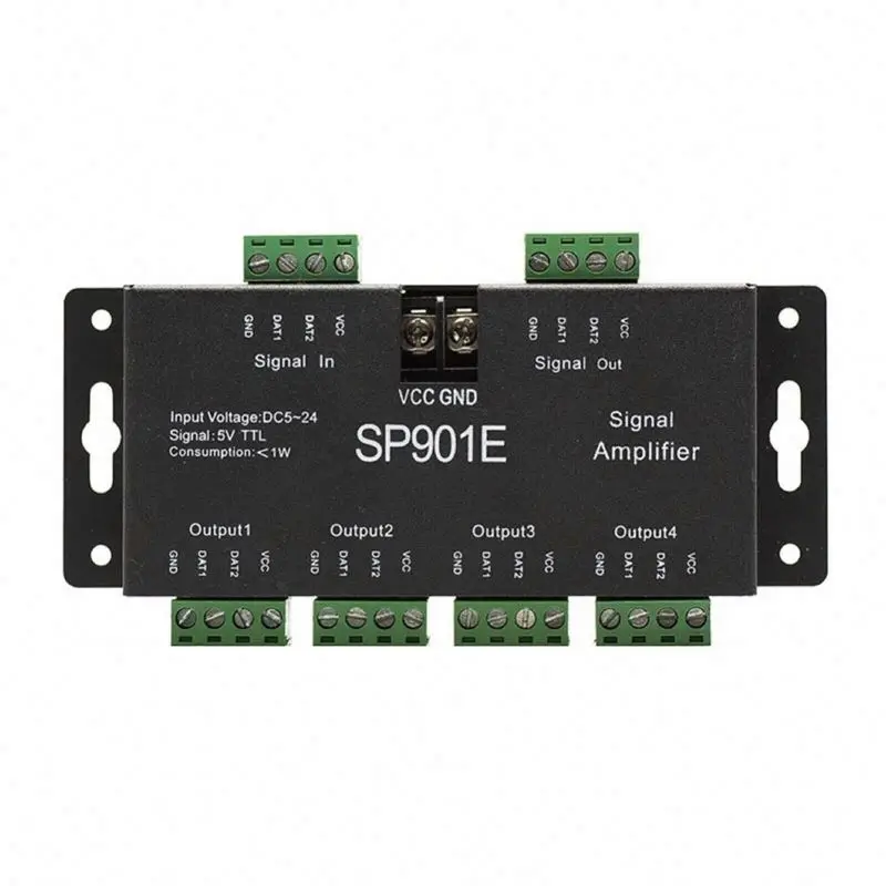 Хорошая цена SPI адресуемый RGB сигнал DC5-24V пикселей Светодиодная лента усилитель sp901E аксессуары для освещения поставщик