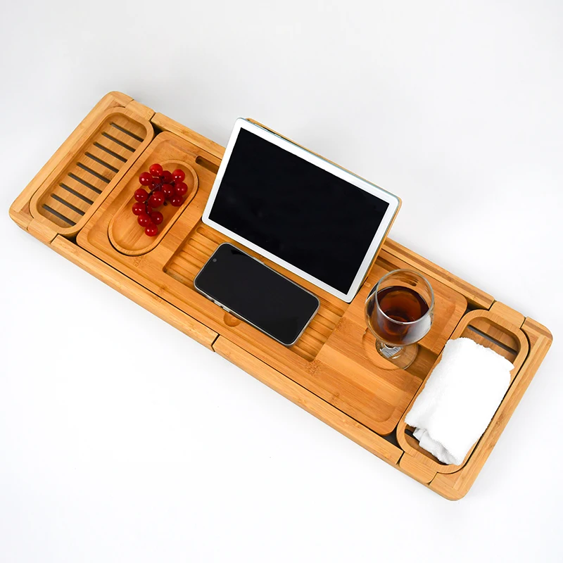 Hot Selling Customization WDF Bamboo Wood Folding Bamboo bath tray Caddy bathtub tray table bath tub caddy tray for shower